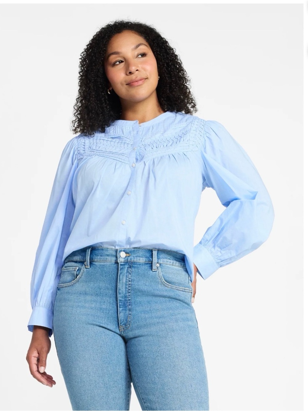 Time and Tru Textured Yoke Cotton Blouse with Long Puff Sleeves